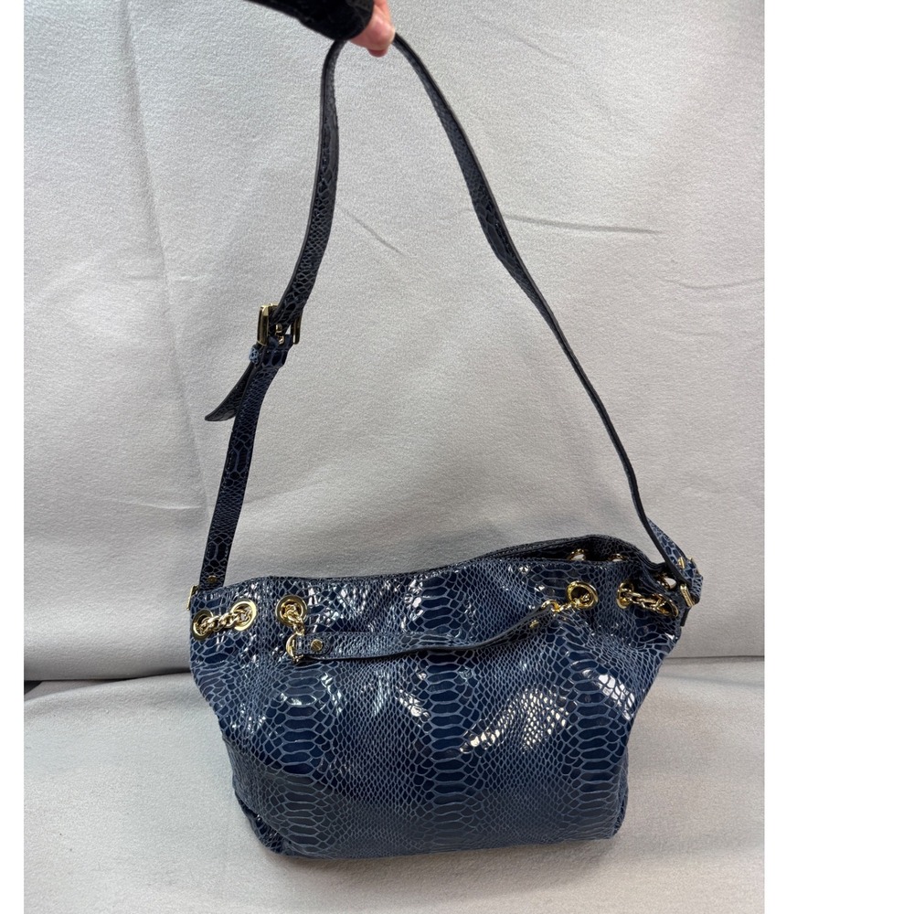 Michael Kors Shoulder Bag Women Blue Snakeskin Leather Hobo Chain Gold Baddie